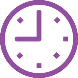 A purple clock graphic showing the time as 3:00.
