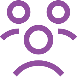 A simple purple sad face icon, consisting of a large circle for the face, two small circles for eyes, a downward curved line for a frown, and two curved lines above the eyes resembling eyebrows.