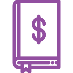 A purple icon of a book with a dollar sign on the cover. The book has a bookmark at the bottom.