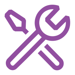 Purple icon of a wrench crossed with a screwdriver, representing tools or settings.
